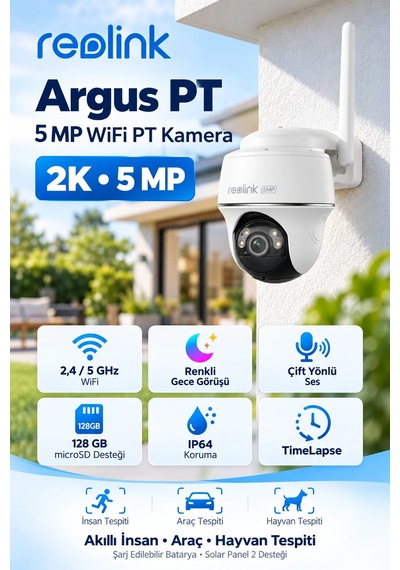 Reolink Argus Pt 5mp 2k Bataryalı Pan & Tilt Wi-fi Güvenlik Kamerası