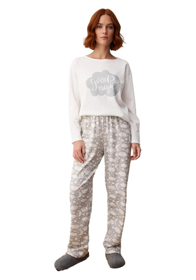 Ersefa Kadın Galaksi Desenli Uzun Kollu Pijama Takımı Fonksiyonel Dayanı Beyaz