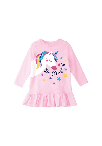 Kız  Çocuk  Kışlık  Unicorn  Desenli  Pembe  Uzun  Kollu  Fırfırlı  Elbise  2-8  Yaş