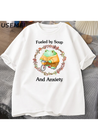 Flood Of Style Çorba Ve Anksiyete T-shirt Komik Kurbağa Grafik Tshirt Pamuk Kısa Kollu T Shirt Unisex Baskıl Beyaz