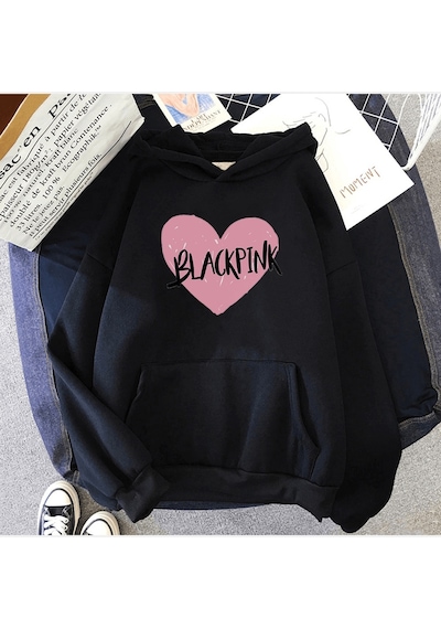 Black Pink Kalp Kapşonlu Sweatshirt