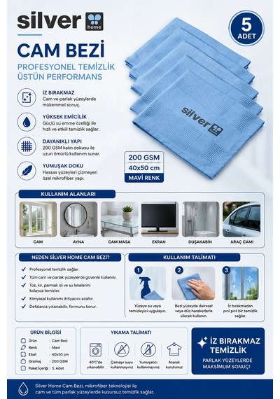 Silver Home 200 Gsm 40x50 Cm Cam Bezi Mavi Renk 5 Adet Çok Renkli