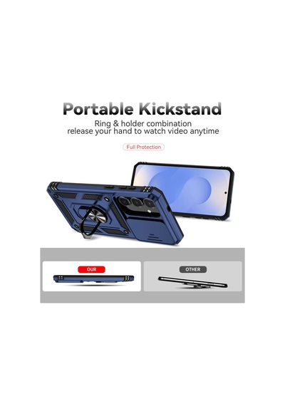 Samsung Galaxy S26 İle Uyumlu Kılıf Magnetik Standlı Kamera Korumalı Sürgülü Kapak Lacivert