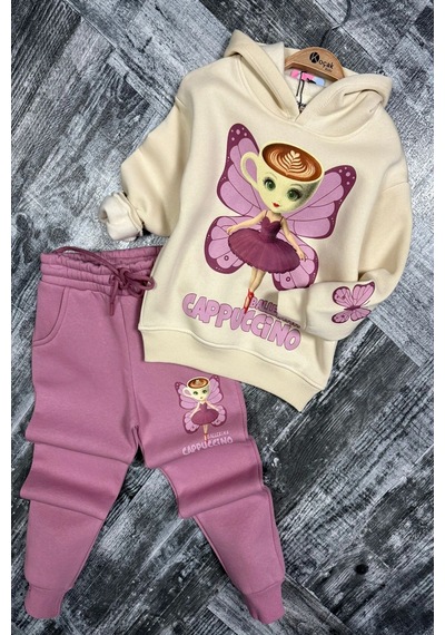 Koçak Kids 3 İplik Ballerina Cappucino Desenli Kız Çocuk Eşofman Takım Pembe