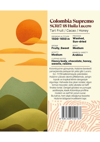 Colombia Supremo Scr17/18 Huila Lucero Yöresel Filtre Kahve 250 Gr. Çekirdek Kahve