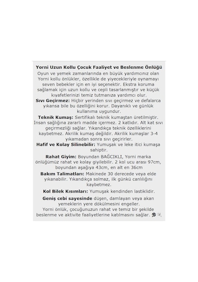 Zoo 3-6 Yaş Bağcıklı Uzun Kollu Boyundan Bağlamalı Su Geçirmez Bebek Mama Önlüğü Belirtilmemiş