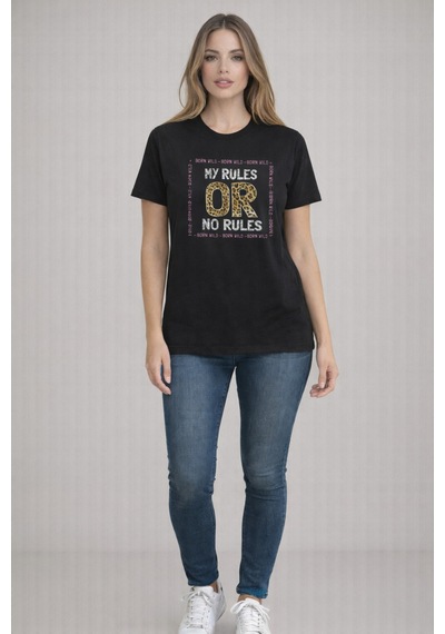 Herkesemoda My Rules Baskı Detaylı Basic T-shırt Siyah