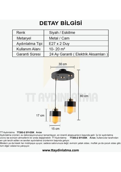 Tt203-2-Sy Tt Aydınlatma Siyah - Eskitme 2 Li Avize