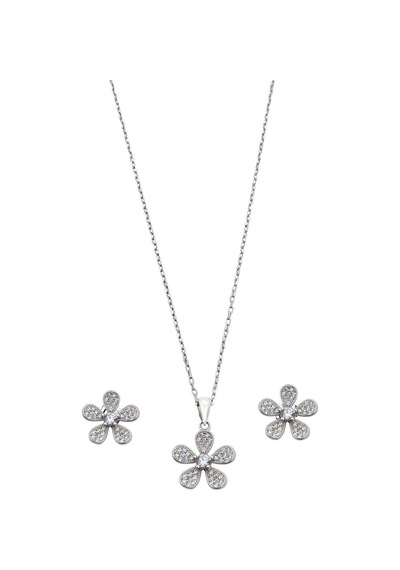 Oya Silver Zirkon Taşlı Çiçek Kadın Gümüş Set Takım Oyss043