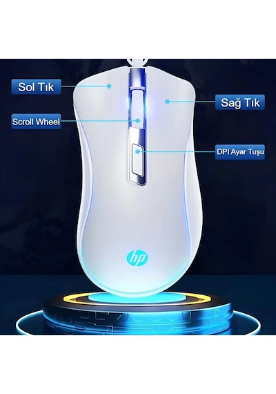HP G100 1600 Dpı Usb Kablolu Optik Ledli Gökkuşağı Aydınlatmalı Oyuncu Mouse Beyaz