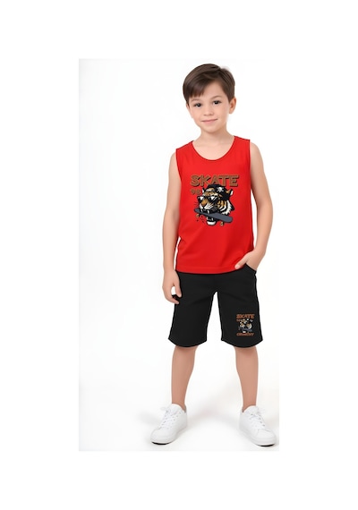 Fyk Kids Erkek Çocuk Baskılı Sıfır Kol Skate Crunch Alt-üst Takım Kırmızı