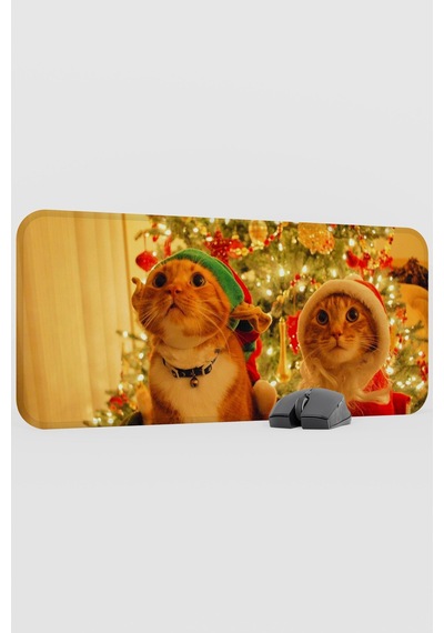 Yeni Yıl Kediler- Kedi- Yılbaşı V1 70x30 Xl Gaming Kauçuk Kaymaz Taban Mouse Pad Fare Altlığı