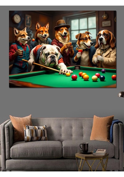 Bilardo Masasında Köpekler Dekoratif Kanvas - Mdf Ahşap Tablo