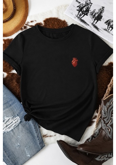 Spoyi Angel Heart Tasarımlı %100 Pamuk Yarım Oversize Siyah T-mhirt