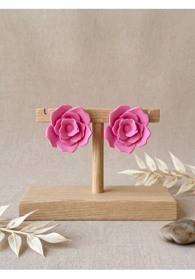 Kadın Küpe Büyük Pembe Gül Model - 6 Cm Minimalist Halka/çivili Gül Çiçek Küpe