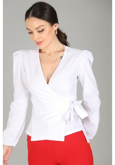 Sweetness Kadın Beyaz Kruvaze Model Likralı Gömlek Beyaz
