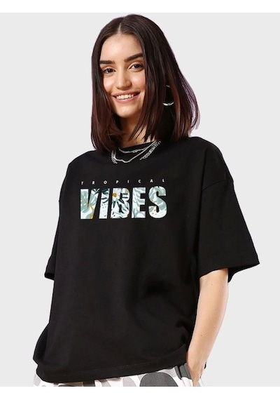Modi Baskılı Oversize T-shirt - Siyah - Mymg146036