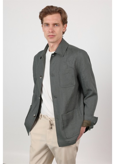 İmza Nane Yeşil Berberi Yaka Keten Düz Slim Fit Casual Mont 1007260152