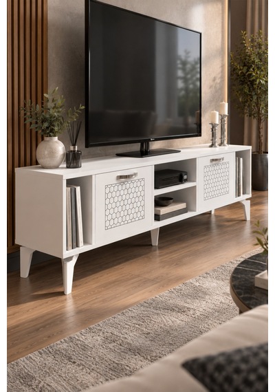 Sulorahome Gümüş Çizgili Beyaz Tv Sehpası 160 Cm Beyaz - Gümüş