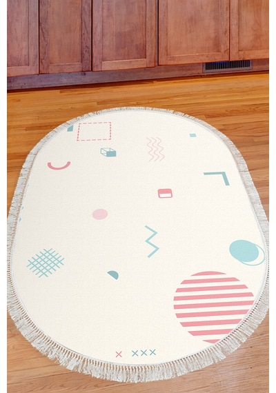 Kaymaz Dijital Mutfak & Salon Halı Trend Saçaklı Oval Geometrik E5015 Beyaz