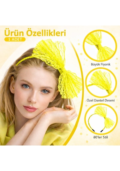 80 Ler 90 Lar Neon Sarı Dantel Taç Fiyonklu 5264 "