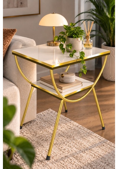 Sulorahome Gold Metal Yan Sehpa Ve Komodin Beyaz Altın - Beyaz