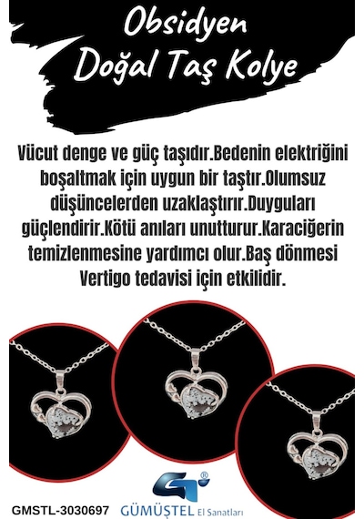 Sertifikalı Doğal Obsidyen Taşı Kolye Kalp Tasarım Aaa Kalite Çok REnkli