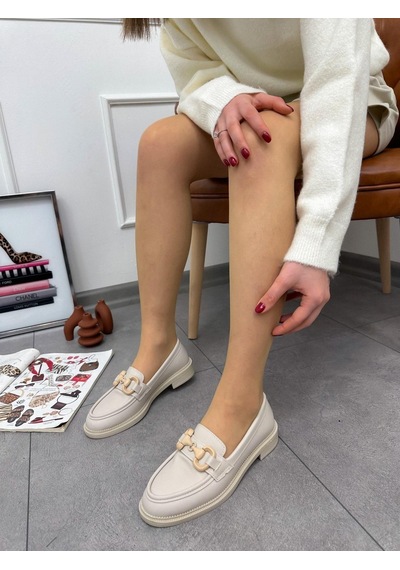 Bej Cilt Fiona Toka Detay Ortopedik Taban Kadın Loafer-5188 Bej