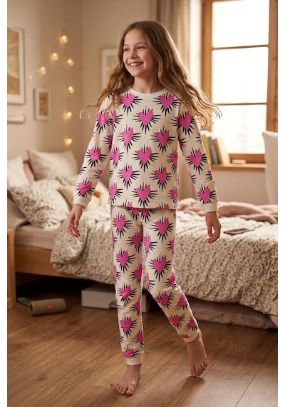 Zuzunga Kız Çocuk Pembe Kalp Desenli Uzun Kollu Pijama Takımı Beyaz-pembe