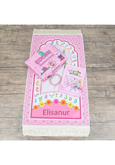 İsme Özel Çocuk Seccadesi Ve Eğitici Kitabı Namaz Seti - Pembe 45x82 Cm - 110 Gr - Tesbih Çok Renkli
