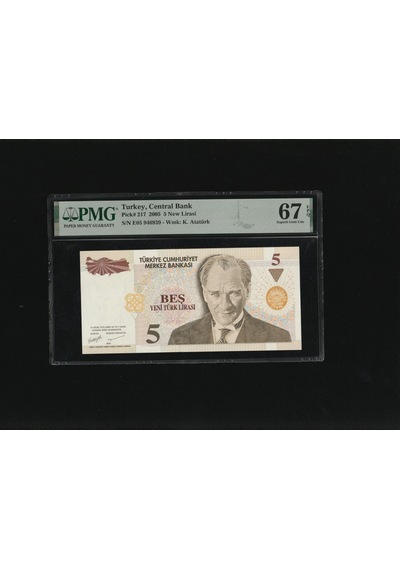 Beş Yeni Türk Lirası 5 Ytl P217 2005 Pmg 67 Epq Superb Gem Unc S/n E05 946939 8.ems 1.t