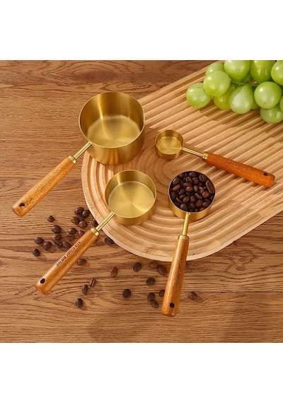 Valkyrie 4 Adet Büyük Boy Paslanmaz Çelik Ahşap Saplı Ölçü Kaşığı Seti Ölçü Kabı 60ml 80ml 125ml 250ml Altın