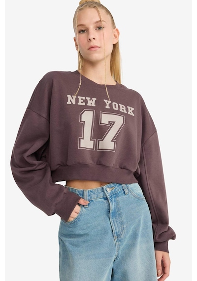 Defacto Coool Crop Bisiklet Yaka Baskılı Kalın Sweatshirt F8006ax25aubn549 Kahve