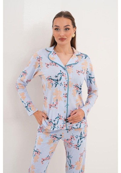 Çift Kaplan Kadın Pamuk Modal Gömlek Yaka Önden Açık Mavi Pijama Takımı 7003 Mavi