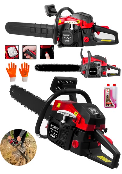 Steiner 2.8 Hp Turbo Profesyonel 52cc Çift Egzoz 50cm Ağaç Odun Dal Kesme Benzinli Testere Hızar Makinesi Kırmızı