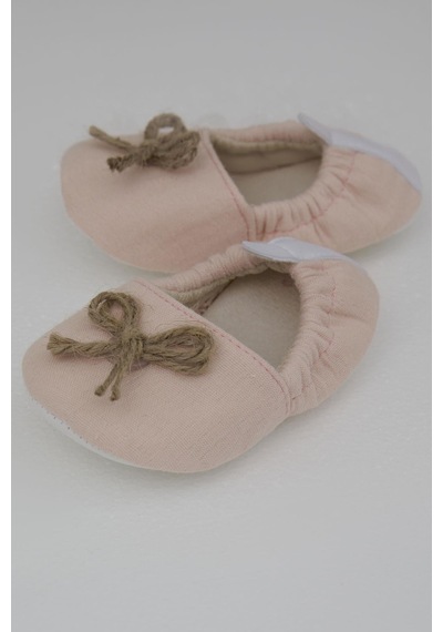 Bebiccino Kız Bebek Muslin Patik Ayakkabı Jüt İp Fiyonk Aksesuarlı 18-19 Numara, Pudra