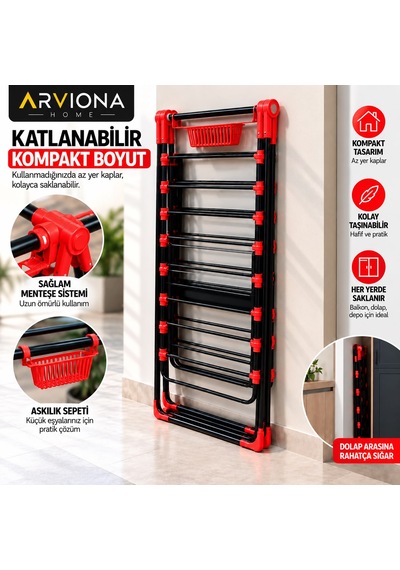 Arvıona Home 170 Cm Kalın Borulu Katlanabilir Metal Çamaşır Kurutmalığı 8 Borulu Kırmızı