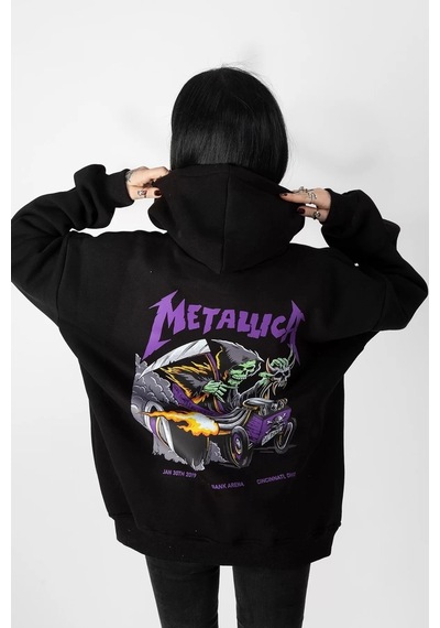 Startmore Metallica Mor Sırt Baskılı Beyaz Oversize Kapüşonlu Siyah
