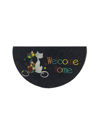 Gizz Home Boyalı Megan Kapı Paspası - Yarımay Gri Welcome Kediler - 40x75 Cm Çok Renkli