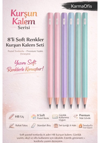 8 Li Soft Pastel Kurşun Kalem Seti Hb Uç, Premium Mat Gövde, Ofis & Okul İçin Renkli Kalem Çok Renkli