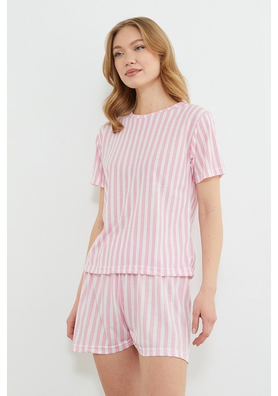 Fullamoda Çizgili Bisiklet Yaka Şortlu Pijama Takımı Pembe