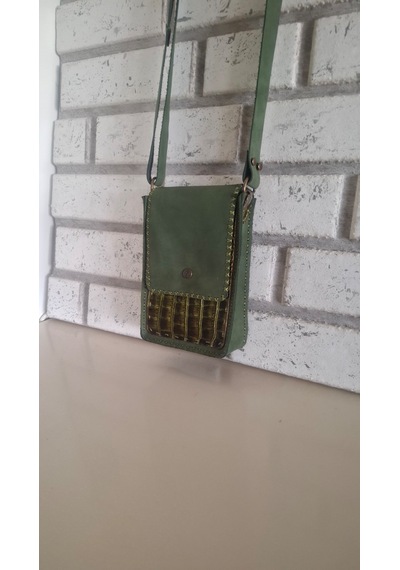 Çağla Yeşili Hakiki Deri Mini El Yapımı Çapraz Çanta Yeşil