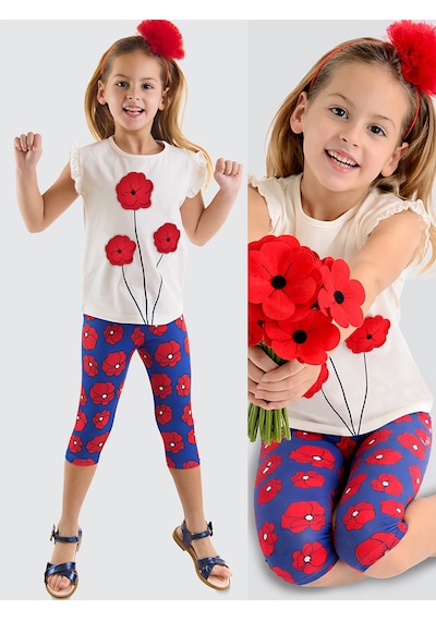Fırfırlı Kırmızı Gelincik Kız Çocuk Yazlık T-shirt Tayt Takım