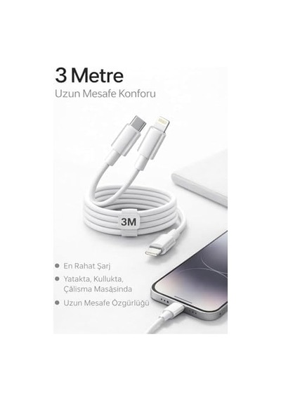 Yk Desıgn İphone Uyumlu Usb-c To Lightning Şarj Ve Data Kablosu, Beyaz 3m