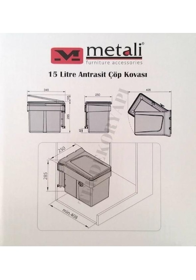 Metali 15 Lt Dolap İçi Antrasit Çöp Kovası