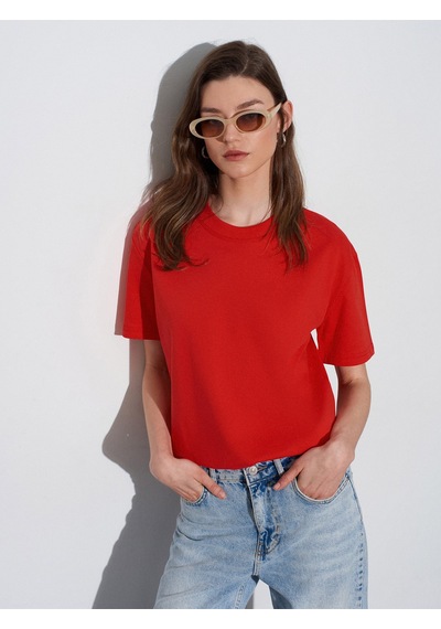 Dilvin Kadın Pamuk Bisiklet Yaka T-shirt Kırmızı - 101a30312