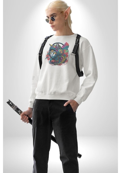 Kulaklık Kedi Müzik Tekir Unisex Beyaz Baskılı Sweatshirt Beyaz