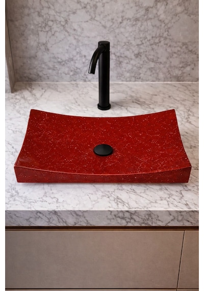 Mermer Desenli Tezgah Üstü Kayık Model Taş Lavabo 35 X 60 Cm Bordo