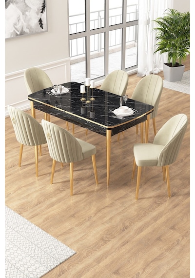 Canisa Edaf Serisi 80x132 Açılabilir Siyah Mermer Desen Mutfak Masa Takımı 6 Krem Sandalye Gold Detay Masa Siyah Mermer Desen Sandalye Krem Gold Ayak Canisa Edaf Serisi 80x132 Açılabilir Siyah Mermer Desen Mutfak Masa Takımı 6 Krem Sandalye Gold Detay Masa Siyah Mermer Desen Sandalye Krem Gold Ayak