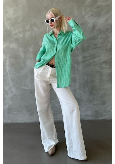 Madmext Yeşil Çizgili Oversize Kadın Gömlek Mg2327 Yeşil